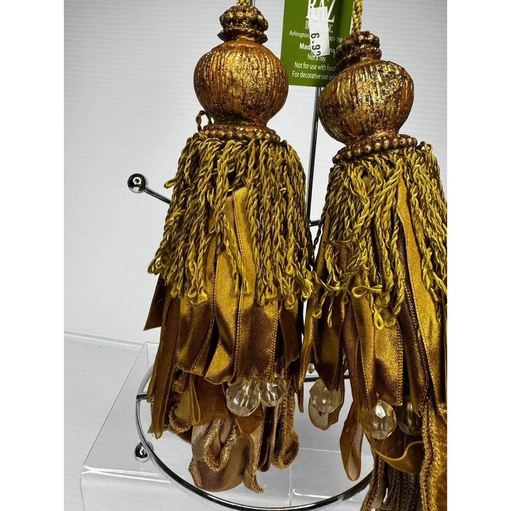 Raz Lot Of 2 Gold Tassel Ornaments Velvet Ribbon Beaded Fall Christmas Decor Set